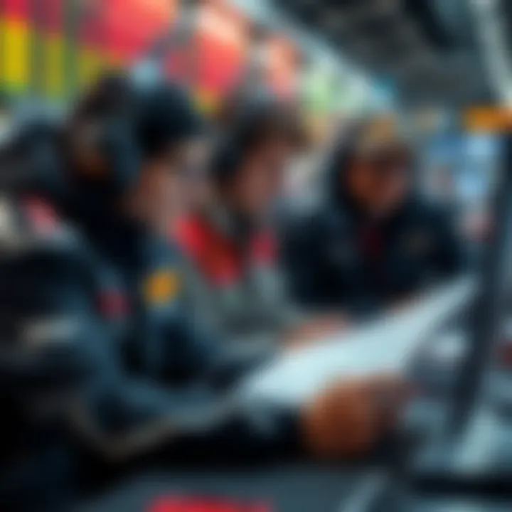 Engaged racing enthusiasts analyzing data and statistics